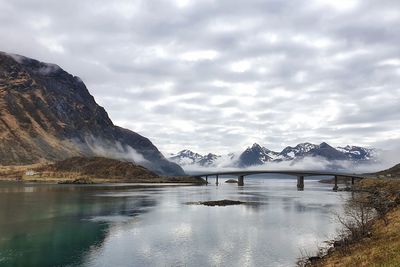 Scenic view of lake and snowcapped mountains against sky