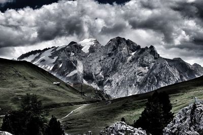 Scenic view of mountains against cloudy sky