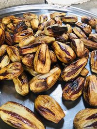 High angle view of shells on table