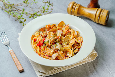 High angle view of food in plate on table