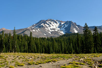 Scenic view of snowcapped mountains against clear sky