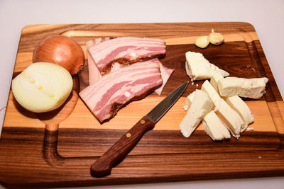 High angle view of food on cutting board