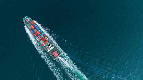 High angle view of ship in sea