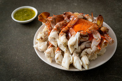 High angle view of seafood in plate on table