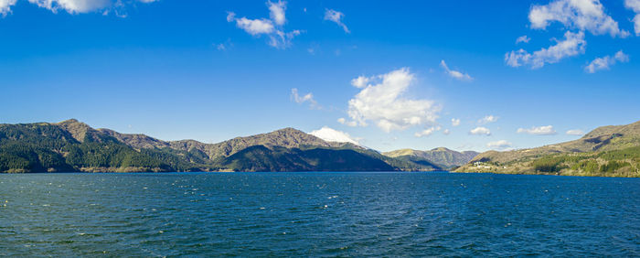 Panorama picture of beautiful lake and mountains under the blue sky in japan on the winter season.