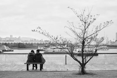 Rear view of couple sitting on shore against sky