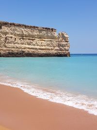 Scenic view of beach against clear blue sky