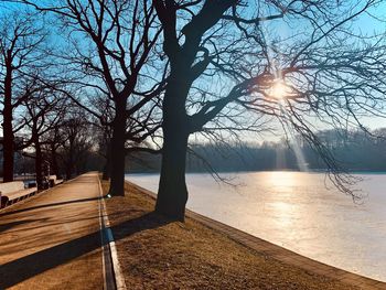 Bare trees by lake against sky during sunset