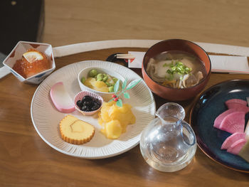 High angle view of breakfast served on table