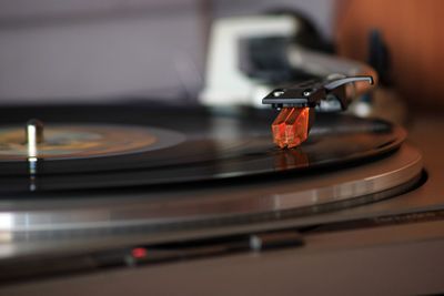 Close-up of record on turntable