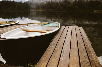 Close-up of boat moored on lake