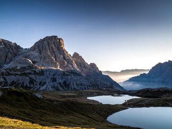 Scenic view of lake and mountains against sky