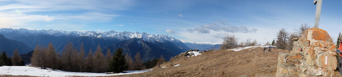 Panoramic view of snowcapped mountains against sky
