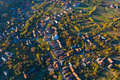 Aerial top drone view of countryside village in transylvania, romania