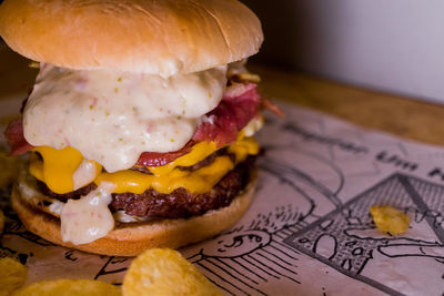 Close-up of burger on table