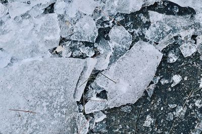 High angle view of snow on rock