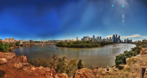 Panoramic view of buildings against cloudy sky