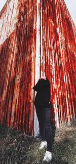 Rear view of man standing on red road