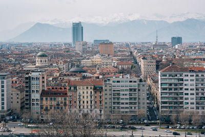 High angle view of buildings in city