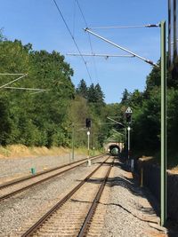 Train on railroad track against sky