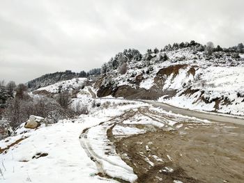 Scenic view of snow covered mountains against sky