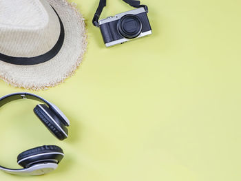 High angle view of camera on white background