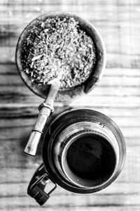 High angle view of coffee cup on table