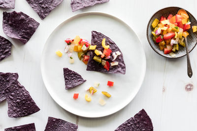 High angle view of food in plate on table