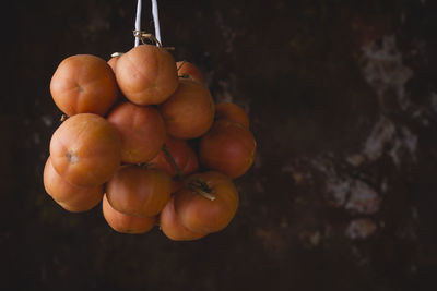 Close-up of tomatoes hanging against black background