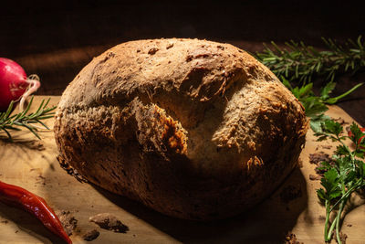 Close-up of bread on cutting board