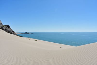 Scenic view of beach against clear blue sky