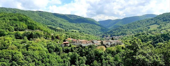 Panoramic view of trees and mountains against sky