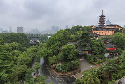 High angle view of trees and buildings in city