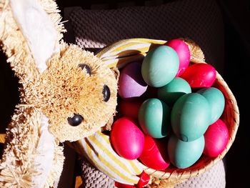 High angle view of multi colored easter eggs