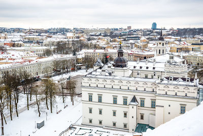 Aerial view of vilnius old town, capital of lithuania in winter day with snow