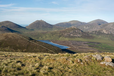 Scenic view of landscape and mountains against sky