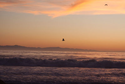 Scenic view of sea against orange sky