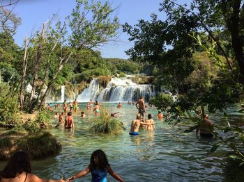 People swimming in river against trees