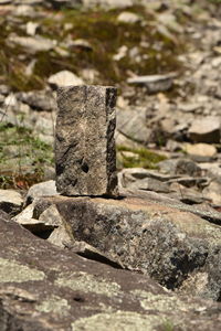 Close-up of stone stack on rock