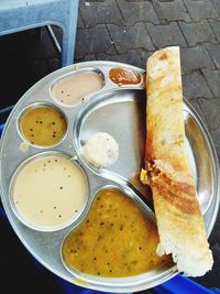 High angle view of breakfast served on table