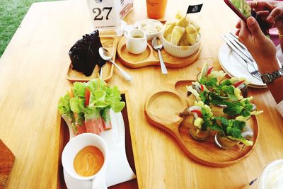 High angle view of food served on table