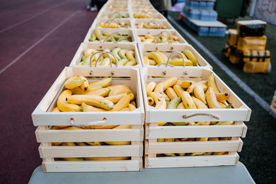 High angle view of food in container at market