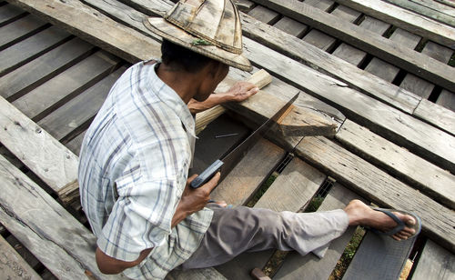 High angle view of man working