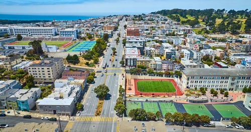 High angle view of buildings in city