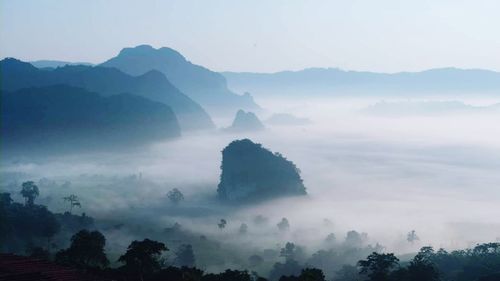 Scenic view of landscape amidst fog