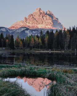 Scenic view of lake by mountains against sky