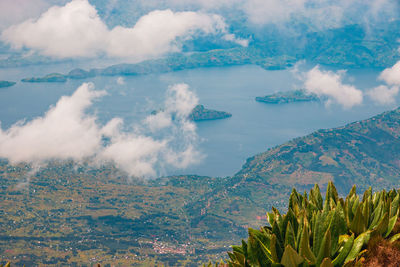 Aerial view of lake burera in rwanda seen from mount muhabura in the virungas region, uganda