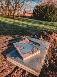 High angle view of text on field at park