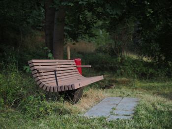 Empty deck chairs on grass against trees