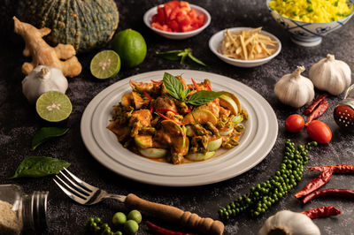 High angle view of food served on table